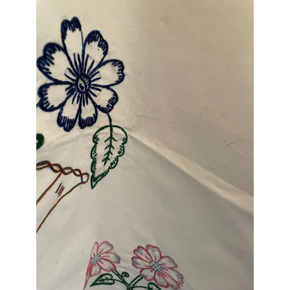 Vintage Square Hand Embroidered White‎ Cotton tablecloth Floral Basket Stains